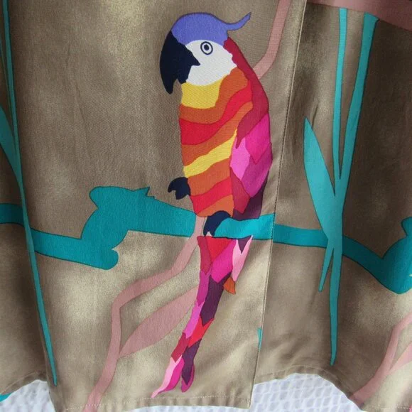 100% Silk Shirt Top Blouse M Vintage 80s Tropical Bird Parrots Ann May Wrap - Picture 5 of 11